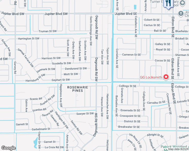 map of restaurants, bars, coffee shops, grocery stores, and more near 891 Degroodt Road Southwest in Palm Bay