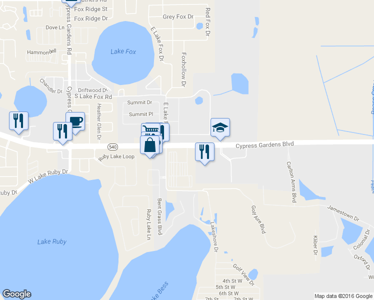 map of restaurants, bars, coffee shops, grocery stores, and more near 7400 Cypress Gardens Boulevard in Winter Haven