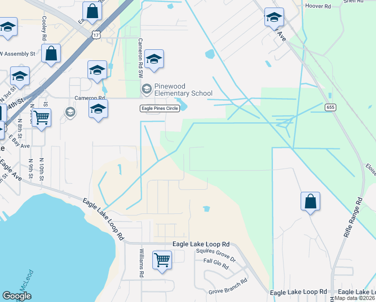 map of restaurants, bars, coffee shops, grocery stores, and more near 1746 Eagle Pines Blvd in Eagle Lake