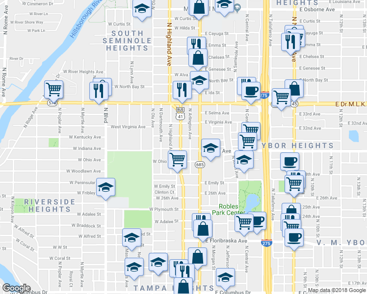 map of restaurants, bars, coffee shops, grocery stores, and more near 3701 North Tampa Street in Tampa