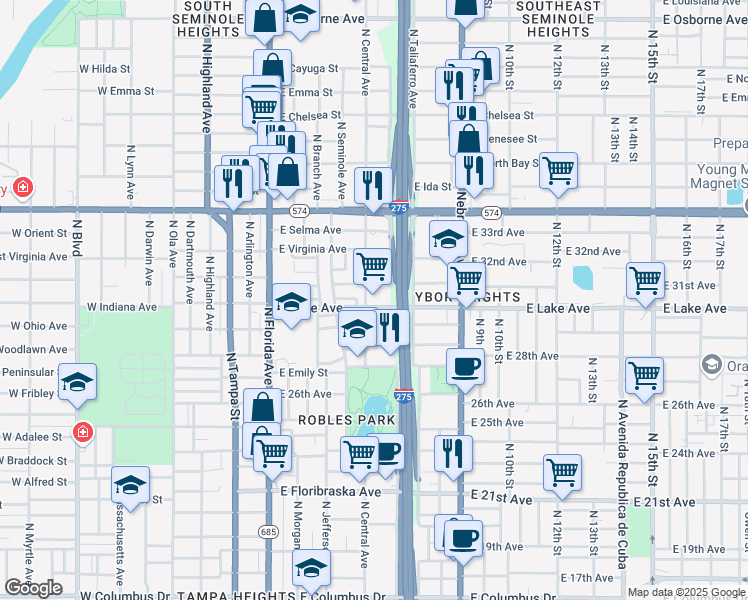 map of restaurants, bars, coffee shops, grocery stores, and more near 3701 North Central Avenue in Tampa