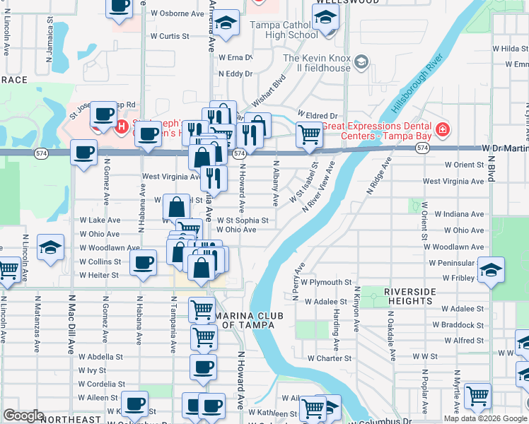 map of restaurants, bars, coffee shops, grocery stores, and more near 2108 West Saint Isabel Street in Tampa