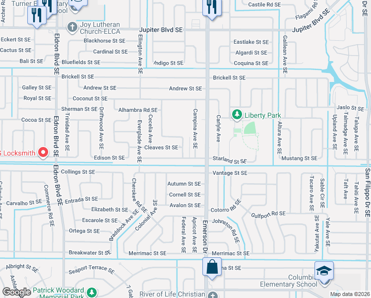 map of restaurants, bars, coffee shops, grocery stores, and more near 887 Fletcher Road Southeast in Palm Bay