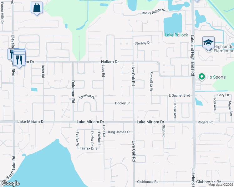 map of restaurants, bars, coffee shops, grocery stores, and more near 1630 Monterey Ln in Lakeland