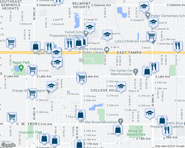 map of restaurants, bars, coffee shops, grocery stores, and more near 2419 East 31st Avenue in Tampa