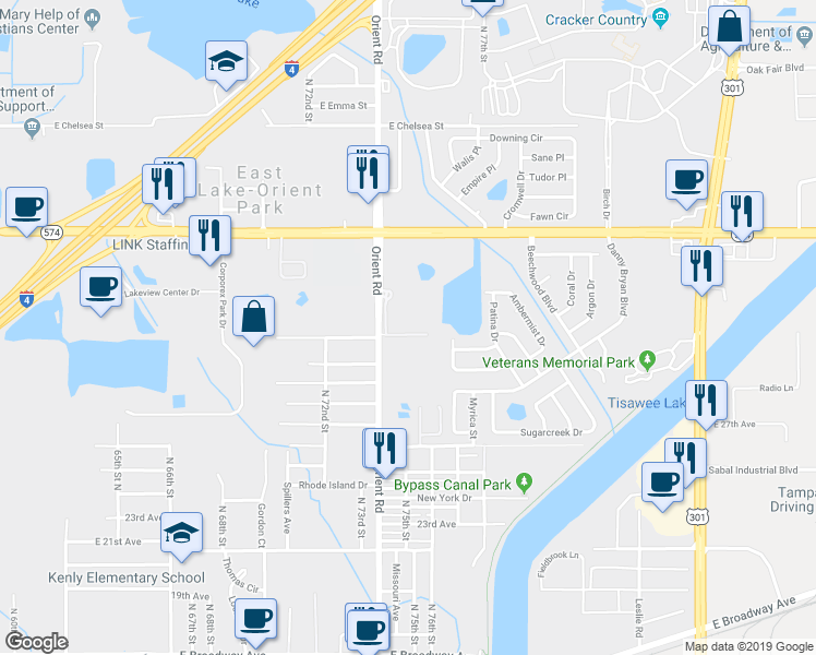 map of restaurants, bars, coffee shops, grocery stores, and more near 3737 Orient Road in Tampa