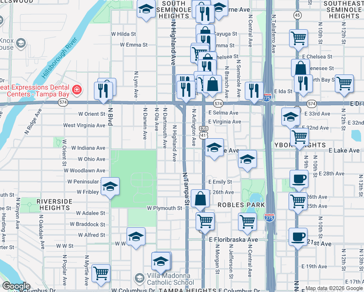 map of restaurants, bars, coffee shops, grocery stores, and more near 3701 North Tampa Street in Tampa