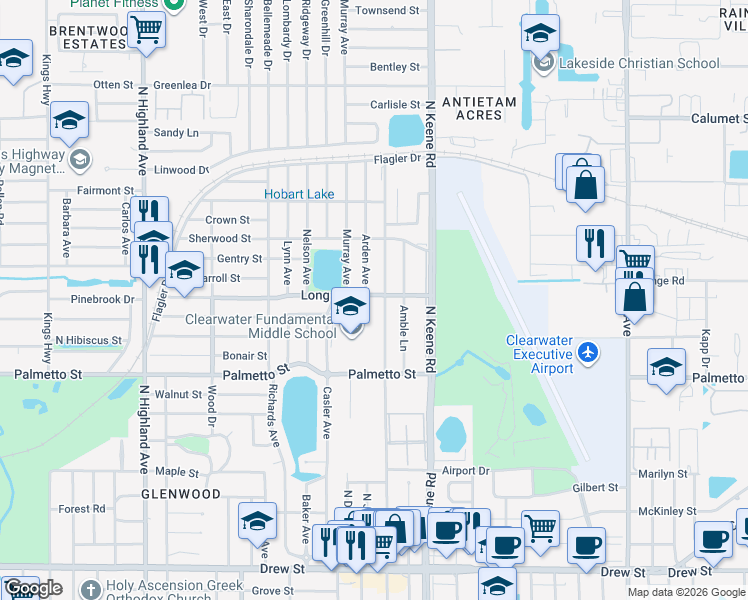 map of restaurants, bars, coffee shops, grocery stores, and more near 1733 Long Street in Clearwater