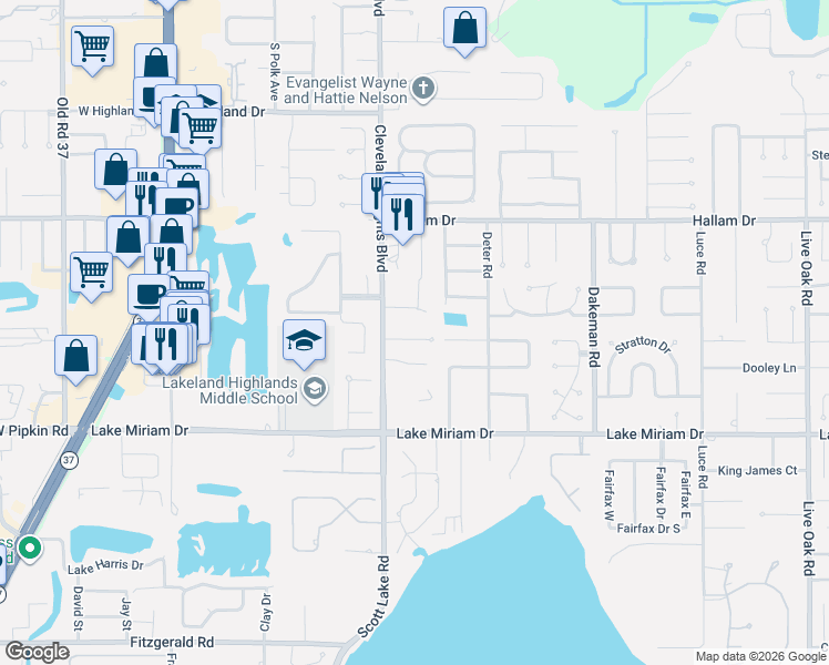 map of restaurants, bars, coffee shops, grocery stores, and more near 1022 Dolly Lane in Lakeland