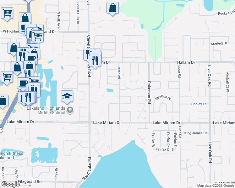 map of restaurants, bars, coffee shops, grocery stores, and more near 1128 Sandpiper Court in Lakeland