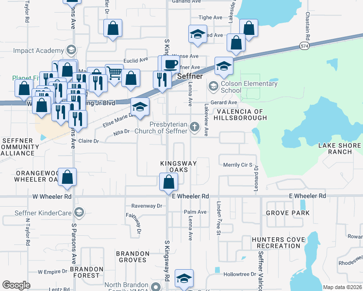 map of restaurants, bars, coffee shops, grocery stores, and more near 2212 Towering Oaks Circle in Seffner