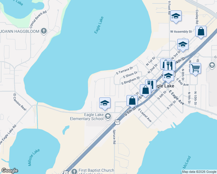 map of restaurants, bars, coffee shops, grocery stores, and more near 884 South Terrace Drive in Eagle Lake