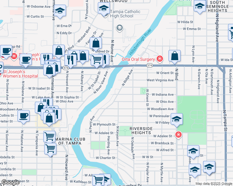 map of restaurants, bars, coffee shops, grocery stores, and more near 3702 North Ridge Avenue in Tampa
