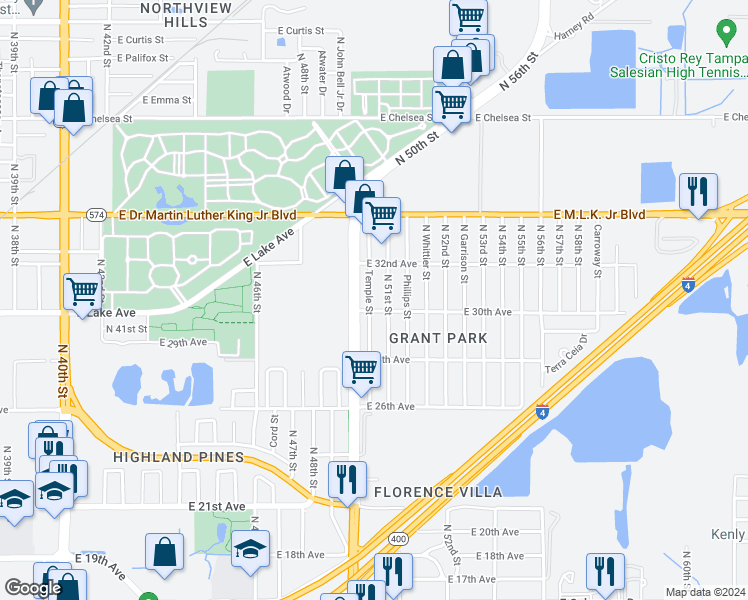 map of restaurants, bars, coffee shops, grocery stores, and more near 3707 Temple Street in Tampa