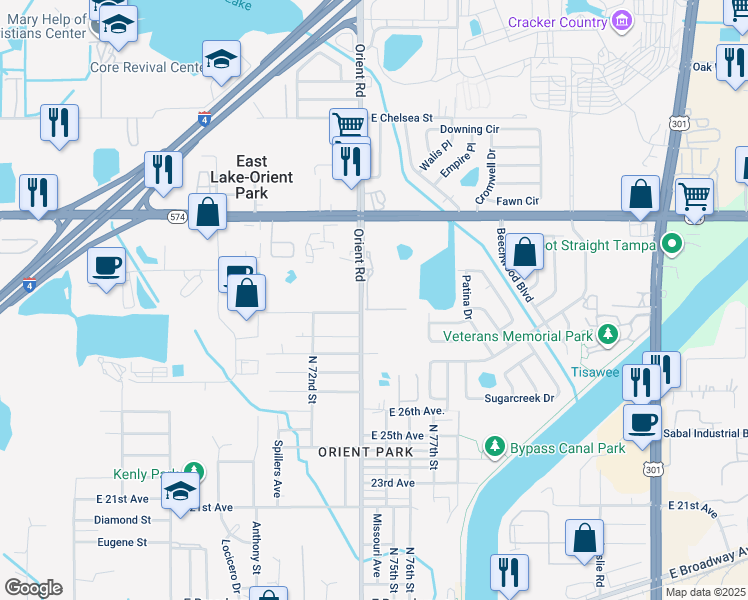 map of restaurants, bars, coffee shops, grocery stores, and more near 3737 Orient Road in Tampa