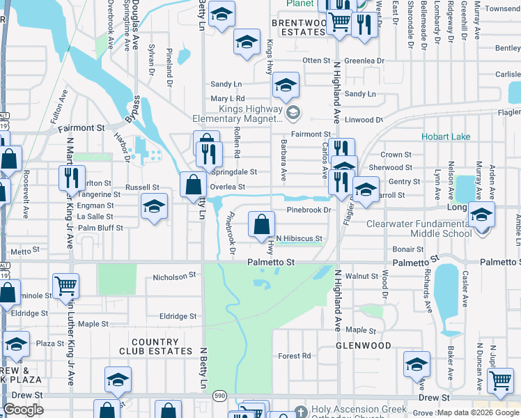 map of restaurants, bars, coffee shops, grocery stores, and more near 1373 Pinebrook Drive in Clearwater