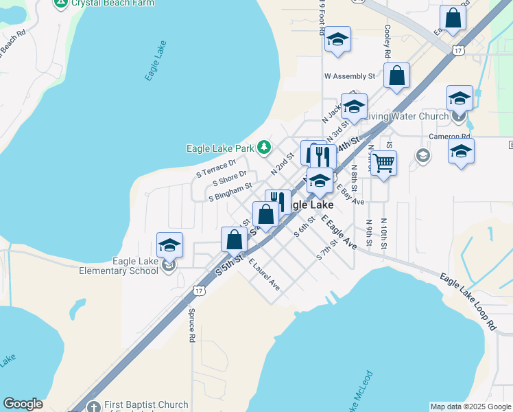 map of restaurants, bars, coffee shops, grocery stores, and more near 185 North 3rd Street in Eagle Lake