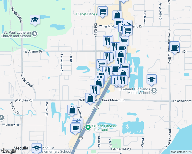 map of restaurants, bars, coffee shops, grocery stores, and more near 4756 Old Highway 37 in Lakeland