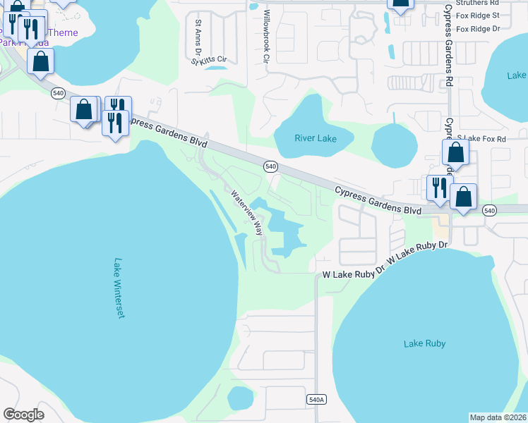 map of restaurants, bars, coffee shops, grocery stores, and more near 1811 Garden Lake Drive in Winter Haven