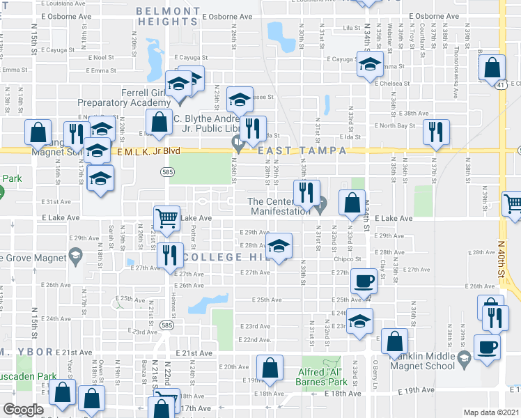 map of restaurants, bars, coffee shops, grocery stores, and more near 2614 East Lake Avenue in Tampa