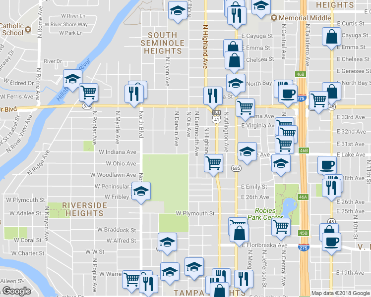 map of restaurants, bars, coffee shops, grocery stores, and more near 3702 North Ola Avenue in Tampa