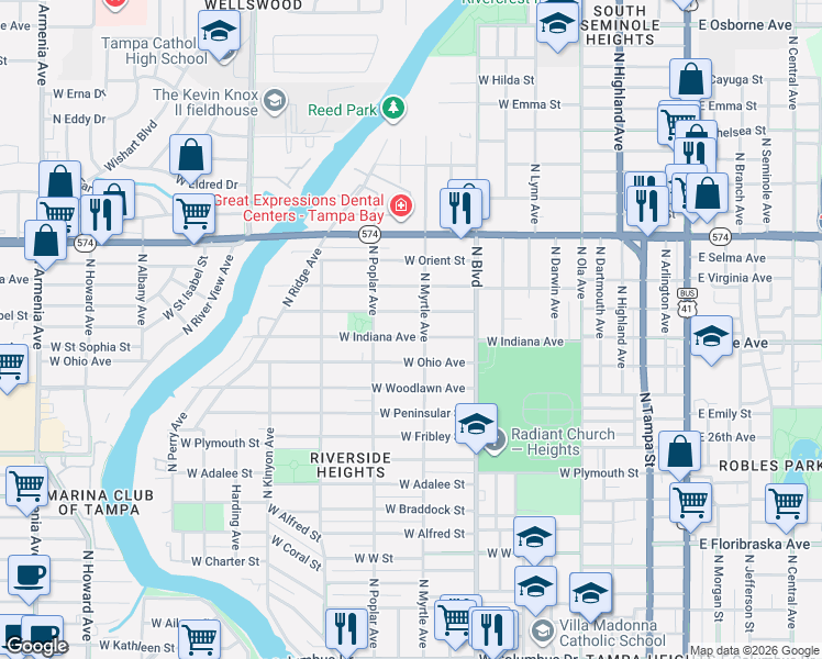 map of restaurants, bars, coffee shops, grocery stores, and more near 802 West Indiana Avenue in Tampa