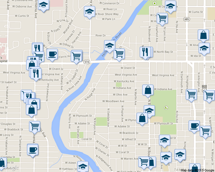map of restaurants, bars, coffee shops, grocery stores, and more near 1010 West Indiana Avenue in Tampa