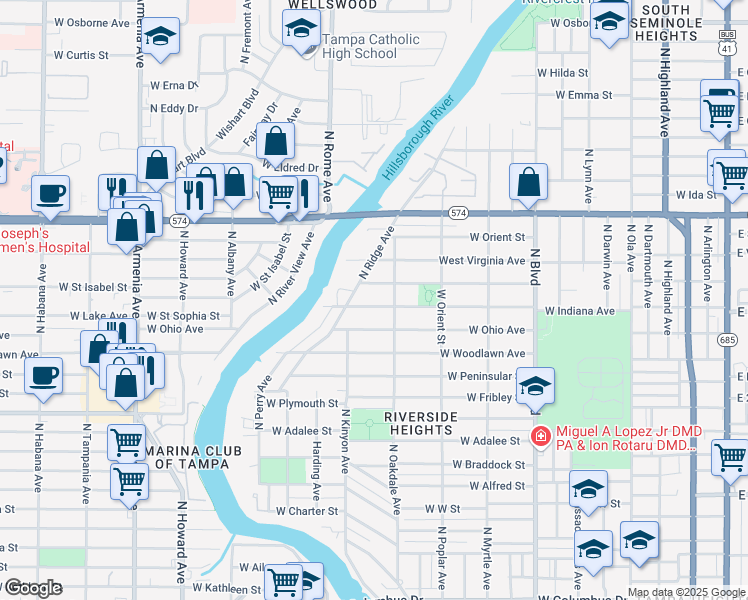 map of restaurants, bars, coffee shops, grocery stores, and more near 1010 West Indiana Avenue in Tampa