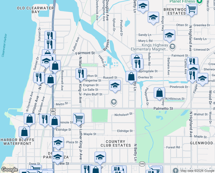 map of restaurants, bars, coffee shops, grocery stores, and more near 1300 Douglas Avenue in Clearwater