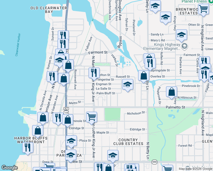map of restaurants, bars, coffee shops, grocery stores, and more near 1136 La Salle Street in Clearwater