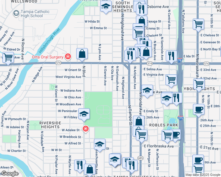 map of restaurants, bars, coffee shops, grocery stores, and more near 3702 North Ola Avenue in Tampa