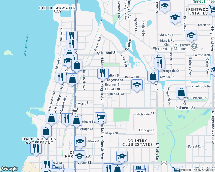 map of restaurants, bars, coffee shops, grocery stores, and more near 1111 Engman Street in Clearwater