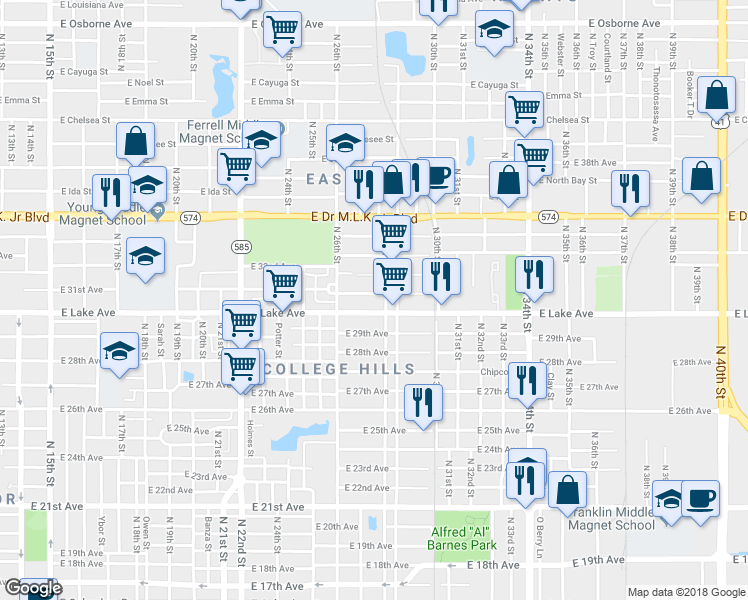 map of restaurants, bars, coffee shops, grocery stores, and more near 2614 East Lake Avenue in Tampa