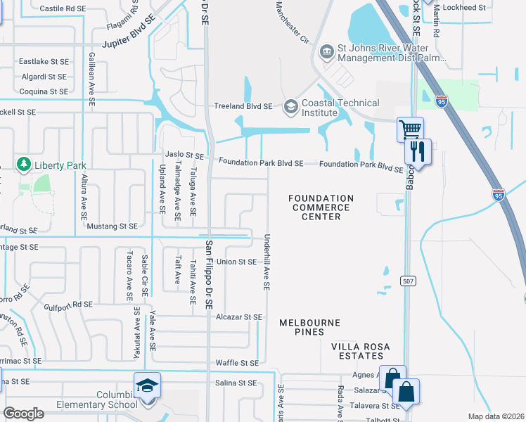 map of restaurants, bars, coffee shops, grocery stores, and more near 853 Underhill Avenue Southeast in Palm Bay