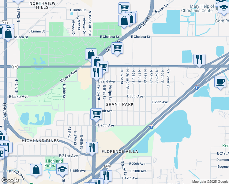 map of restaurants, bars, coffee shops, grocery stores, and more near 3702 Phillips Street in Tampa