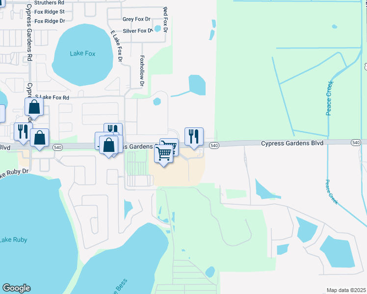 map of restaurants, bars, coffee shops, grocery stores, and more near 7500 Cypress Gardens Boulevard in Winter Haven