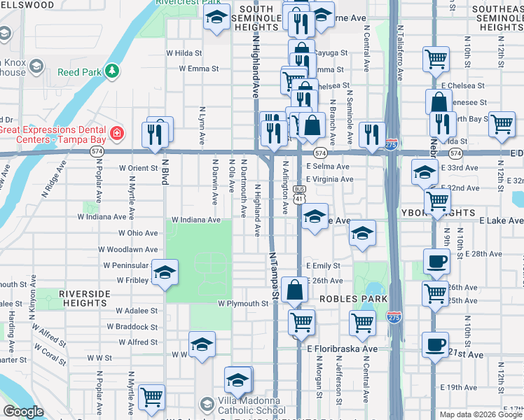 map of restaurants, bars, coffee shops, grocery stores, and more near 3701 North Tampa Street in Tampa