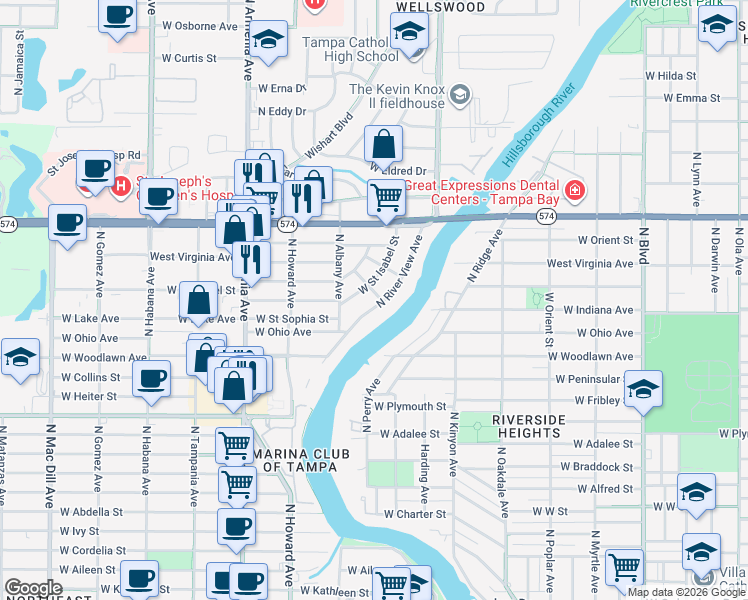 map of restaurants, bars, coffee shops, grocery stores, and more near 4133 North River View Avenue in Tampa