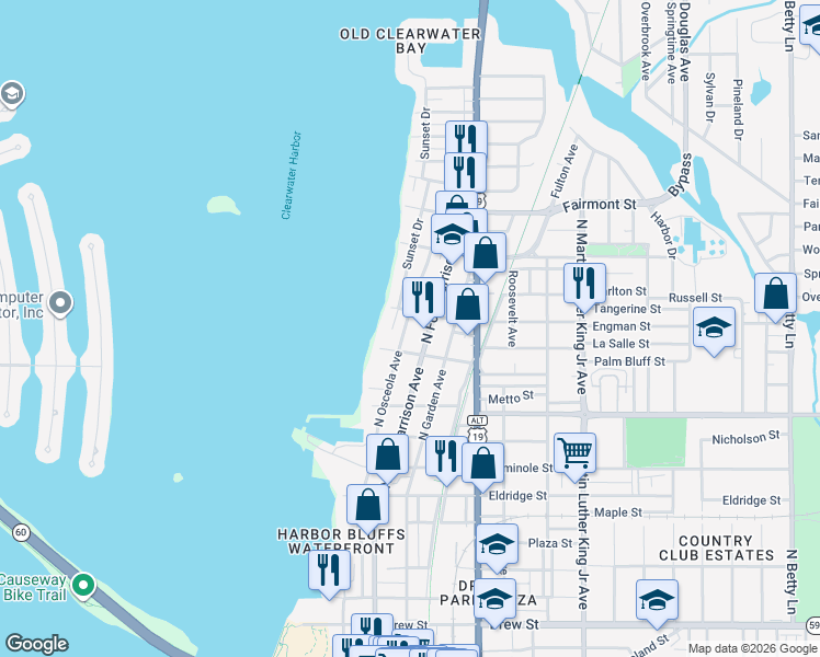 map of restaurants, bars, coffee shops, grocery stores, and more near 1204 North Fort Harrison Avenue in Clearwater