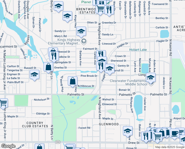 map of restaurants, bars, coffee shops, grocery stores, and more near 1470 Pine Brook Drive in Clearwater