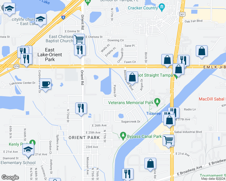 map of restaurants, bars, coffee shops, grocery stores, and more near 3712 Patina Drive in Tampa