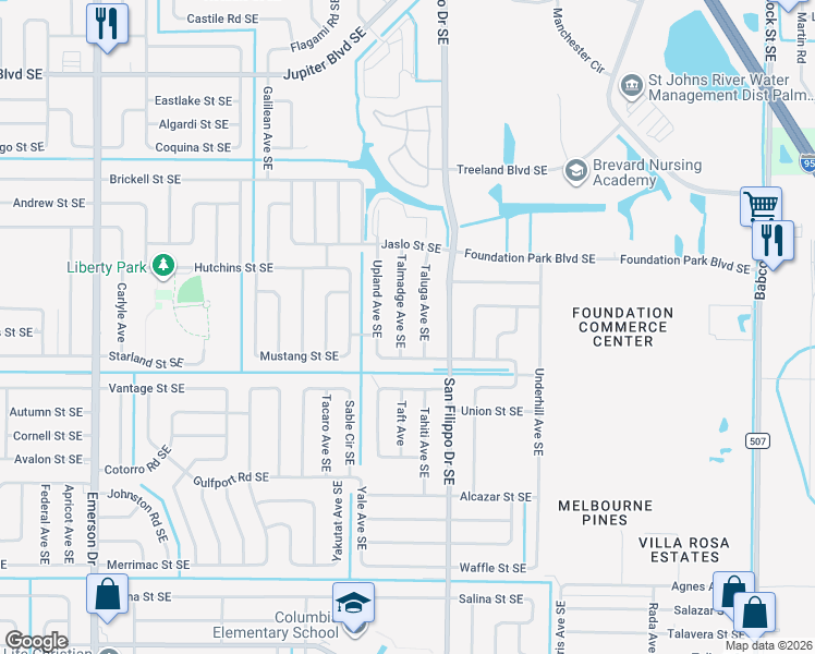 map of restaurants, bars, coffee shops, grocery stores, and more near 872 Talmadge Avenue Southeast in Palm Bay