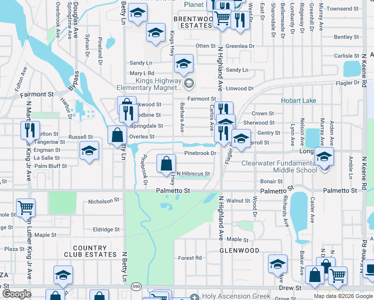 map of restaurants, bars, coffee shops, grocery stores, and more near 1411 Pine Brook Drive in Clearwater