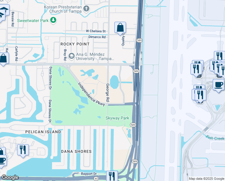 map of restaurants, bars, coffee shops, grocery stores, and more near 4925 Independence Parkway in Tampa