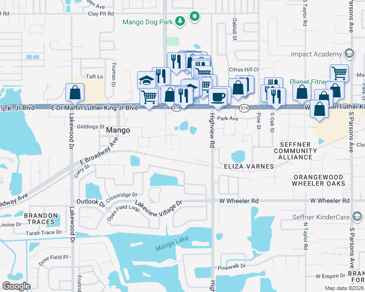 map of restaurants, bars, coffee shops, grocery stores, and more near 11728 Lynn Brook Circle in Seffner