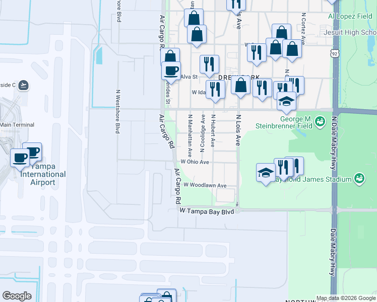map of restaurants, bars, coffee shops, grocery stores, and more near 4204 North Manhattan Avenue in Tampa