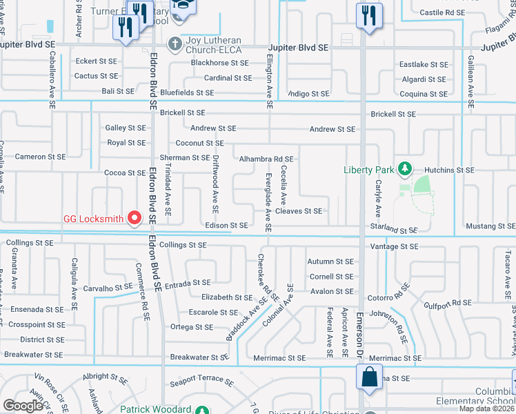 map of restaurants, bars, coffee shops, grocery stores, and more near 881 Arabia Road Southeast in Palm Bay