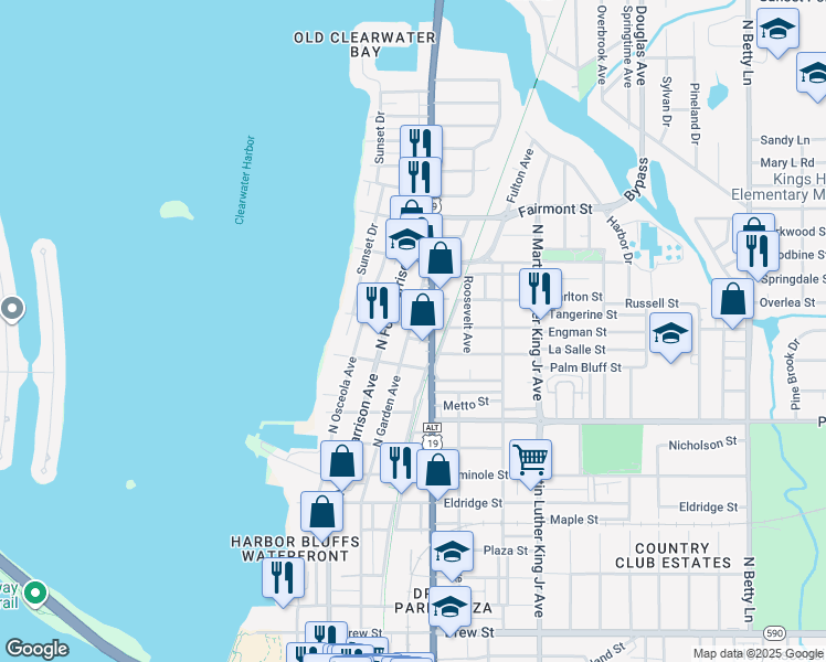 map of restaurants, bars, coffee shops, grocery stores, and more near 1209 North Garden Avenue in Clearwater