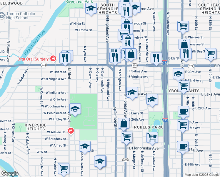 map of restaurants, bars, coffee shops, grocery stores, and more near 3701 North Tampa Street in Tampa