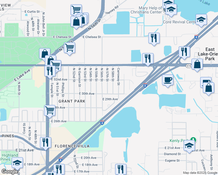 map of restaurants, bars, coffee shops, grocery stores, and more near 3711 North 57th Street in Tampa